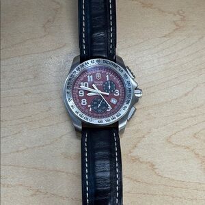 Swiss Army Red Dial Chronograph Watch with Black Leather Strap